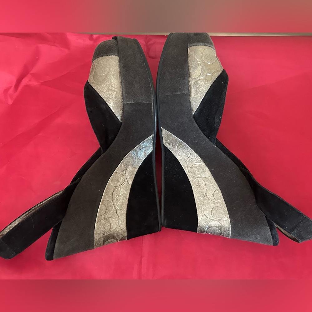 Coach Black and Silver Suede Wedge Sandals - Picture 3 of 13